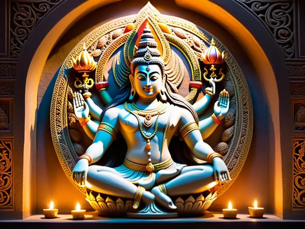 Una impresionante talla de Shiva, rodeada de patrones florales y geométricos, iluminada por lámparas de aceite en un templo