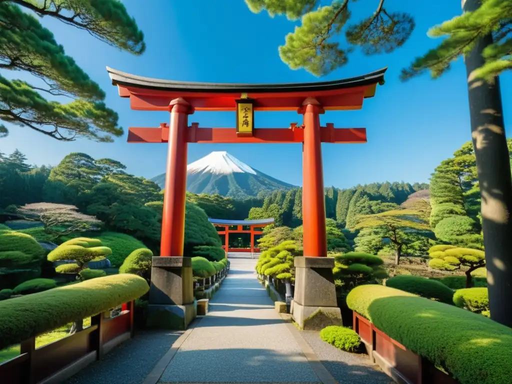 Un impresionante torii japonés en un entorno sereno, fusionando la síntesis del Shinto con otras creencias