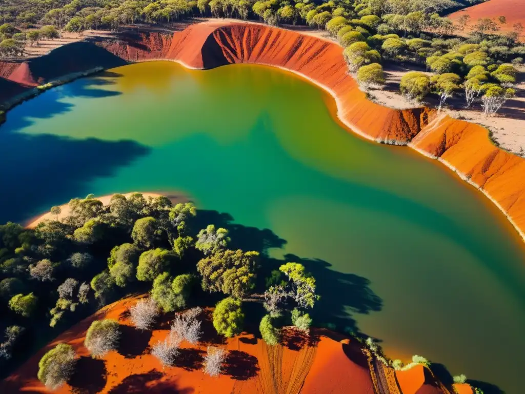 Una fotografía impresionante del vasto Outback australiano, con patrones intrincados de tierra roja, vegetación exuberante y ríos serpenteantes