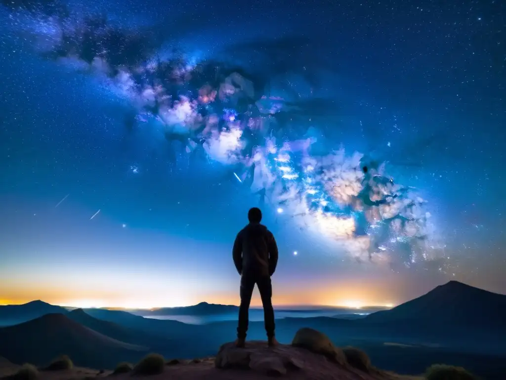 Una impresionante vista del cielo nocturno con la Vía Láctea, estrellas brillantes y una figura solitaria contemplando, evocando las implicaciones filosóficas de la relatividad general