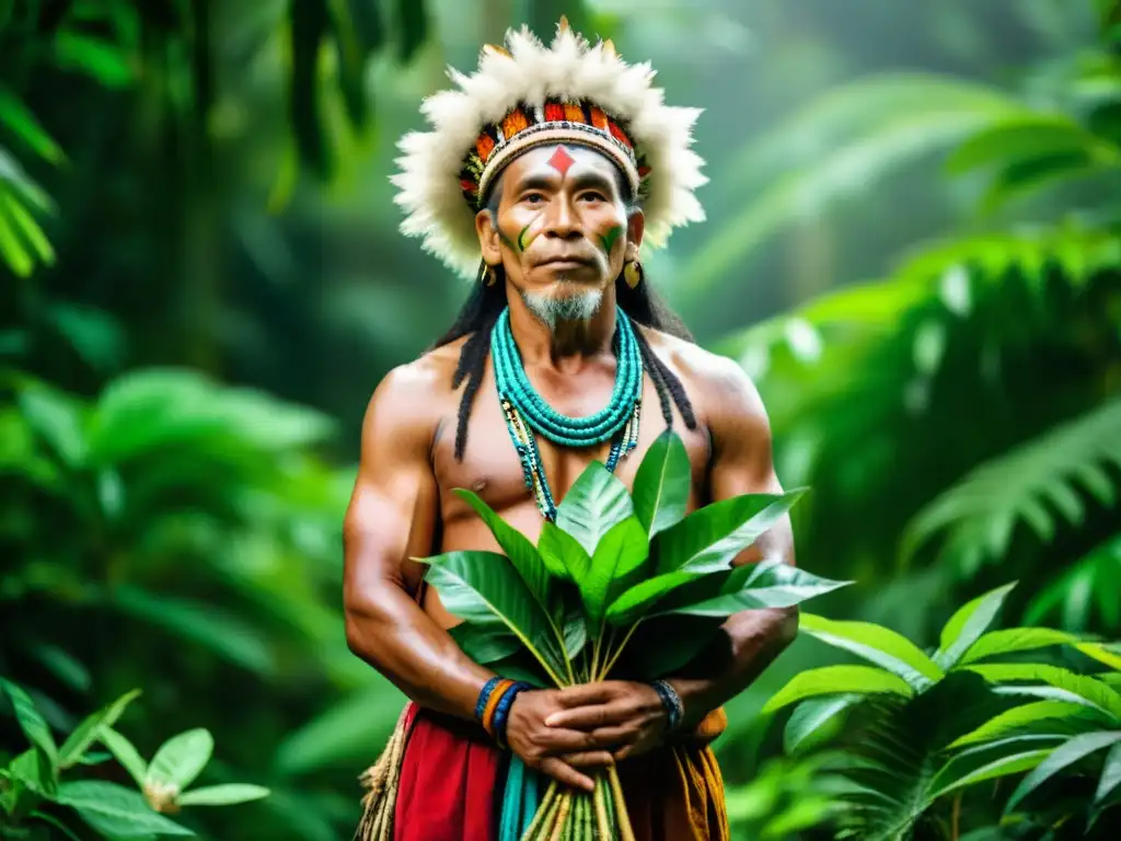 Un chamán indígena sostiene plantas medicinales sagradas en la exuberante selva