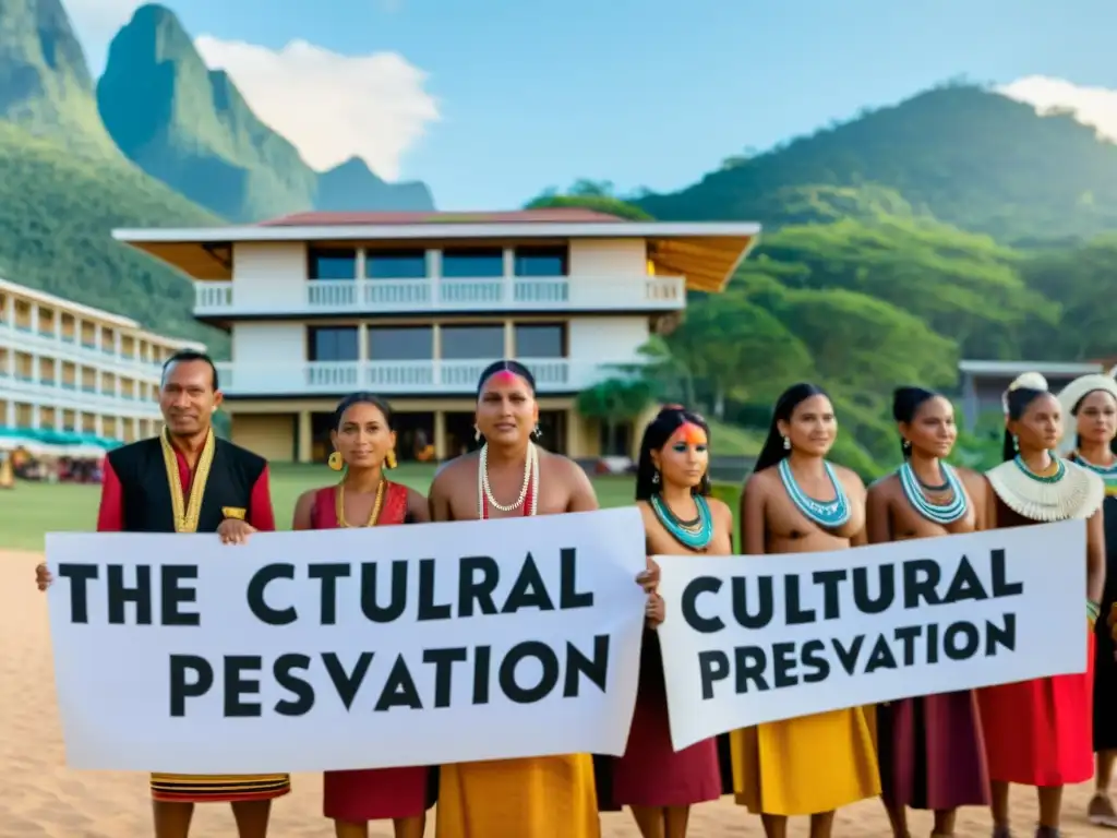 Indígenas con mensajes por la preservación cultural frente a un resort, muestra el impacto del postcolonialismo en el turismo