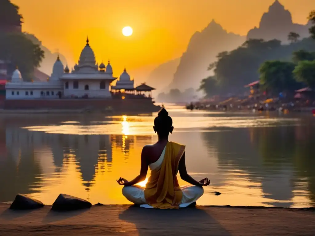 Figura meditando al amanecer en el Ganges, evocando la conexión alma individual realidad universal