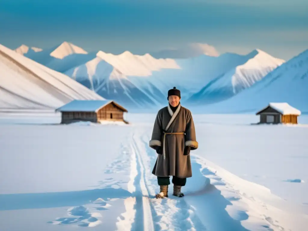 Un individuo siberiano contemplativo, rodeado de nieve, refleja la filosofía de la paciencia en Siberia