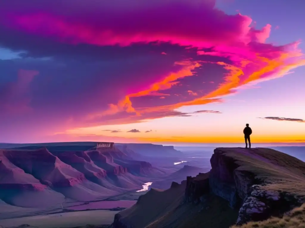 Contemplación al atardecer: empoderamiento personal en la naturaleza Un individuo solitario contemplando un paisaje vasto y rugoso al atardecer, evocando la influencia de Nietzsche en el empoderamiento personal