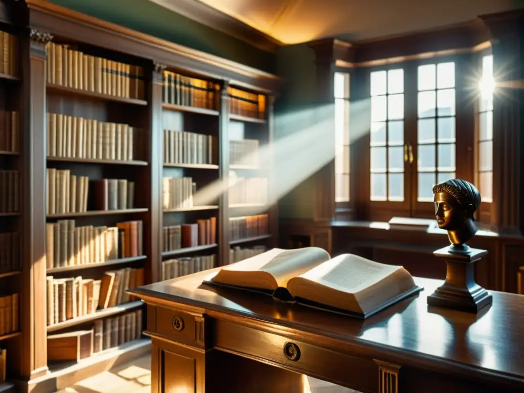 Influencia educación filosófica Kant: Imagen de una antigua biblioteca llena de libros de cuero y esculturas clásicas, con luz solar sobre un escritorio de madera, evocando academia y sabiduría histórica