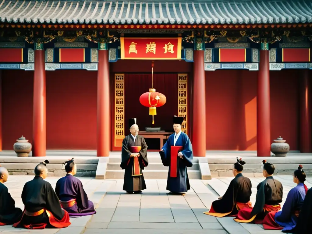 Influencia del Confucianismo en la política oriental: ceremonia tradicional en un sereno patio, eruditos debaten entre detalles arquitectónicos