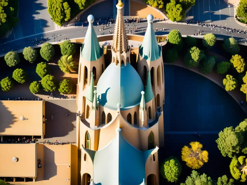 Influencia filosófica en arquitectura sagrada: Fotografía aérea de la Sagrada Familia en Barcelona, con sombras dramáticas y detalladas esculturas