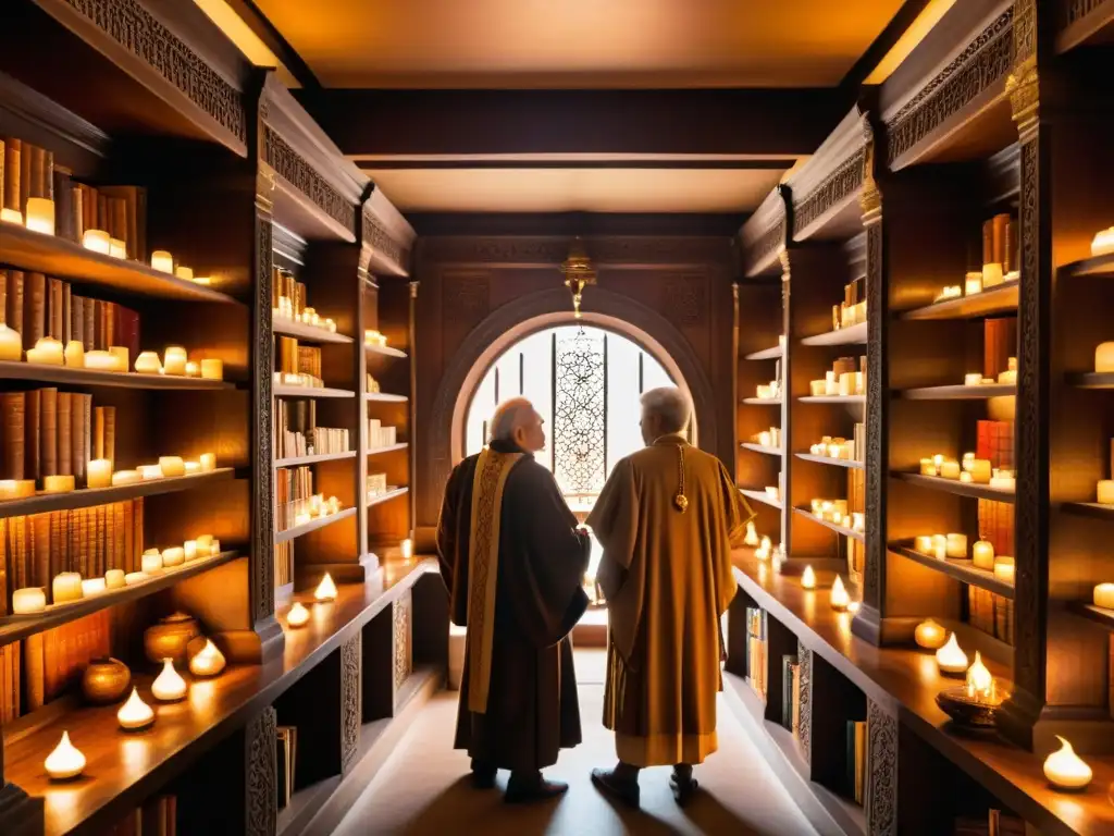 Influencia filosófica en transmisión de conocimientos: Antigua biblioteca serena con sabios debatiendo bajo cálida luz de lámparas de aceite