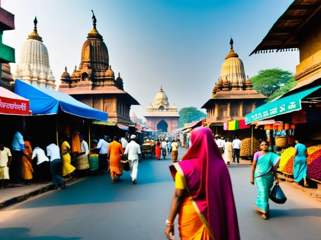 Influencia del hinduismo en política: Fotografía de calle bulliciosa en India, con ropa tradicional, mercados vibrantes y templos al fondo