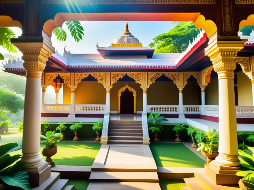 Influencia del Jainismo en India: Templo Jainista con detallados grabados, pinturas coloridas y devotos en oración, rodeado de exuberante vegetación