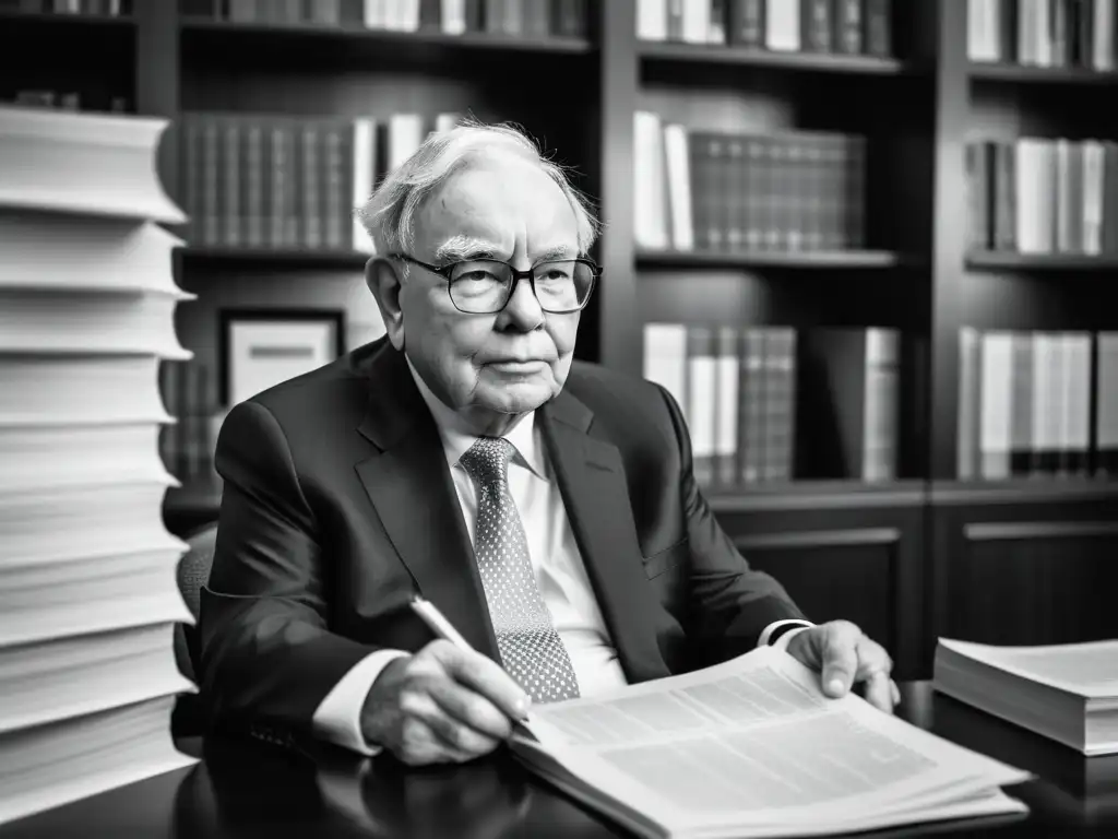 Warren Buffett revisa informes financieros en su oficina, reflejando estrategias de inversión filosóficas en el mercado de valores