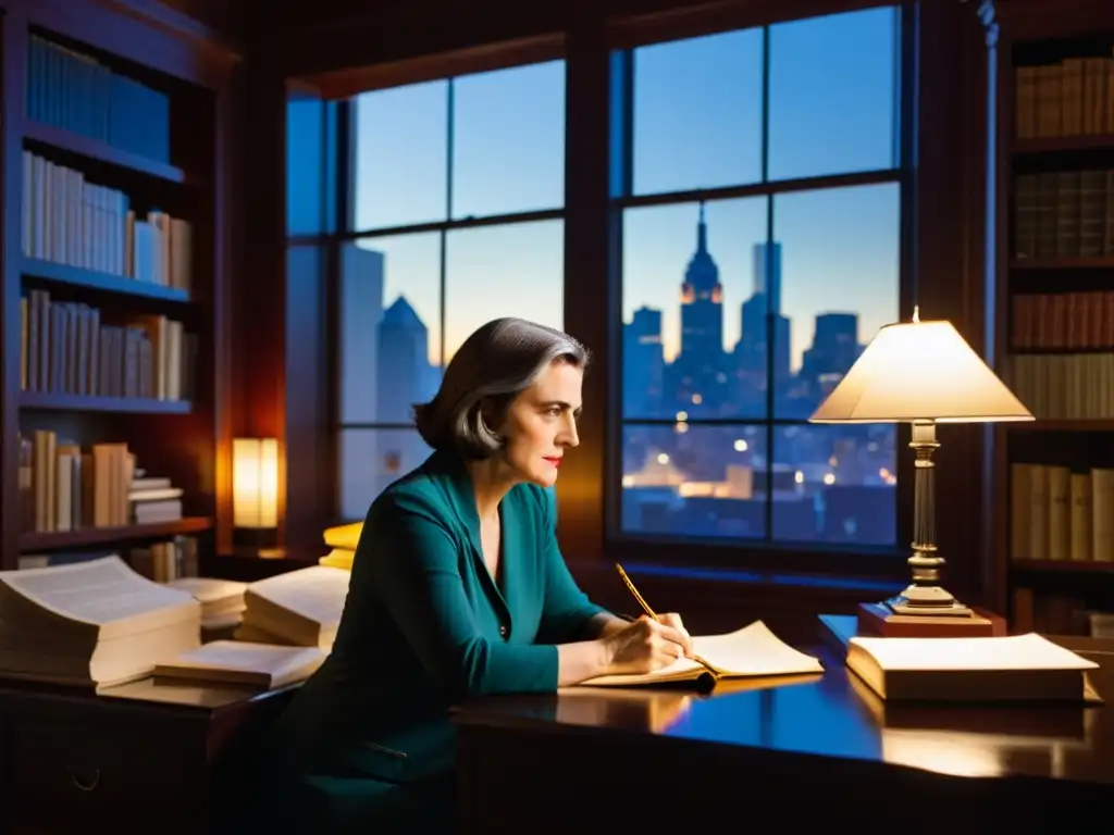 Ayn Rand inmersa en la escritura en su estudio, rodeada de libros y papeles, con expresión determinada iluminada por la luz de su lámpara de escritorio