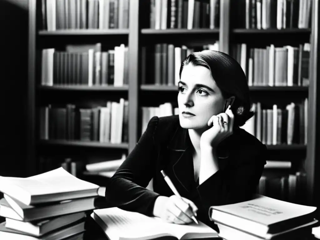 Ayn Rand inmersa en pensamiento, rodeada de libros y papeles