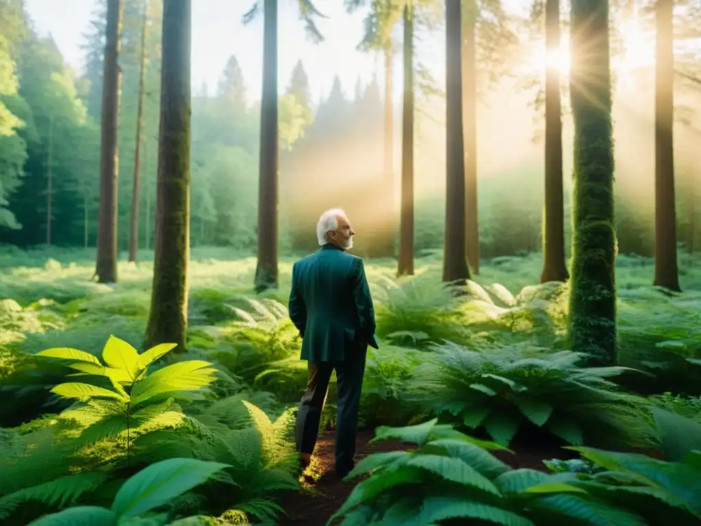 Arne Naess inmerso en la ecología profunda, contemplando la exuberante belleza del bosque