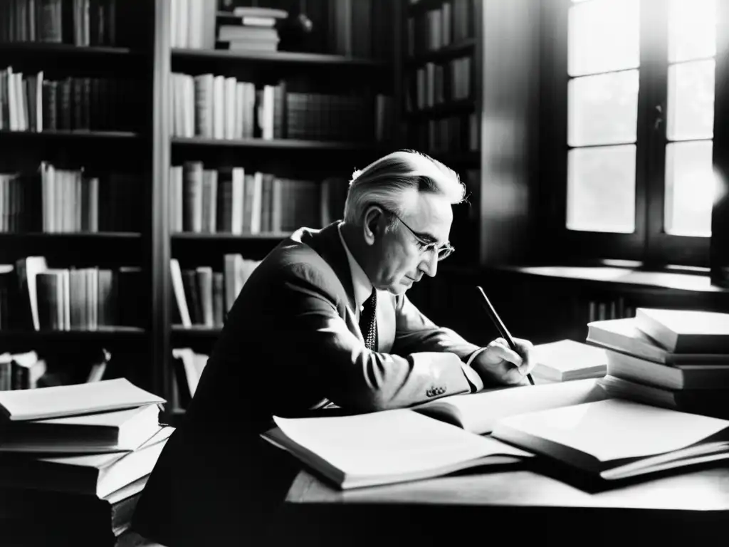 Viktor Frankl inmerso en su estudio, rodeado de libros y papeles