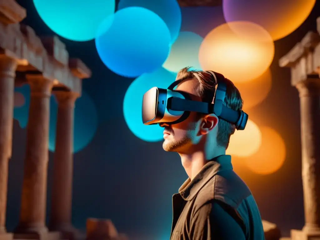 Inmerso en un mundo virtual de influencia filosófica, una persona con auriculares de realidad virtual muestra curiosidad intelectual