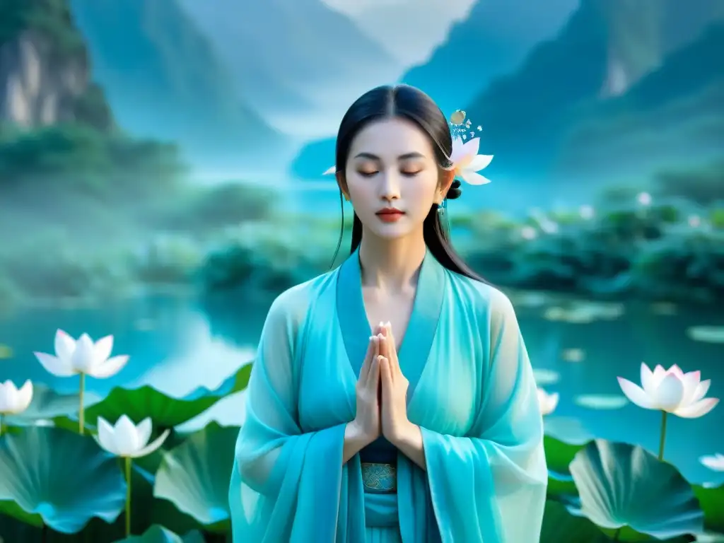 Una inmortal taoísta femenina en un jardín sereno con montañas neblinosas al fondo