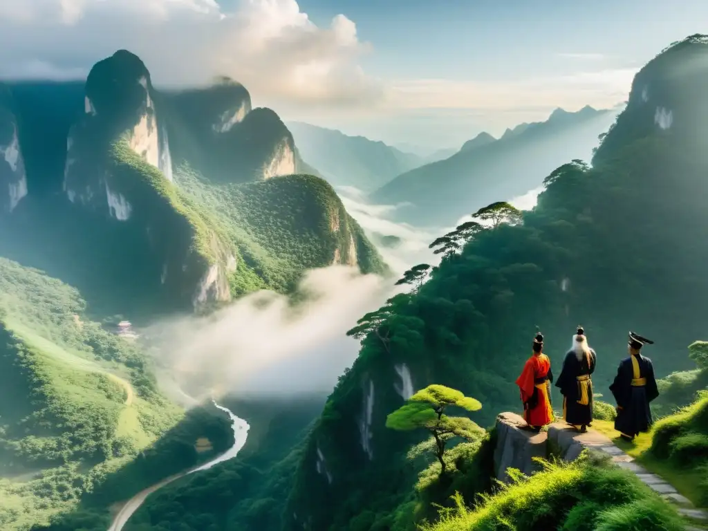 Inmortales taoístas en la cima de la montaña, contemplando la eternidad mientras la luz del sol ilumina el paisaje místico