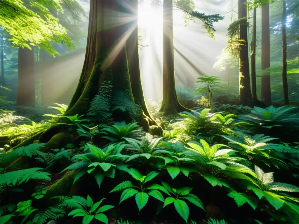 Inspiraciones artísticas Ecología Profunda: Un bosque antiguo exuberante, con árboles altos, vida abundante y una atmósfera mágica
