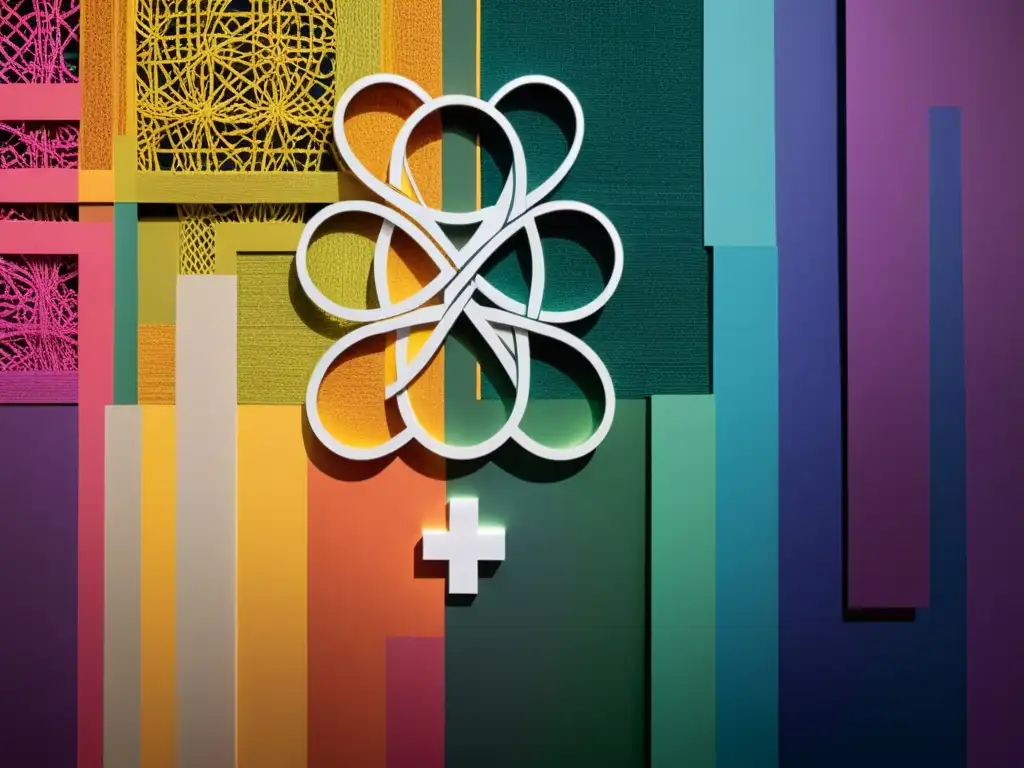 Una instalación de arte con símbolos de género y figuras no binarias entrelazadas, representando el continuum de género pensamiento Queer en una red vibrante y compleja