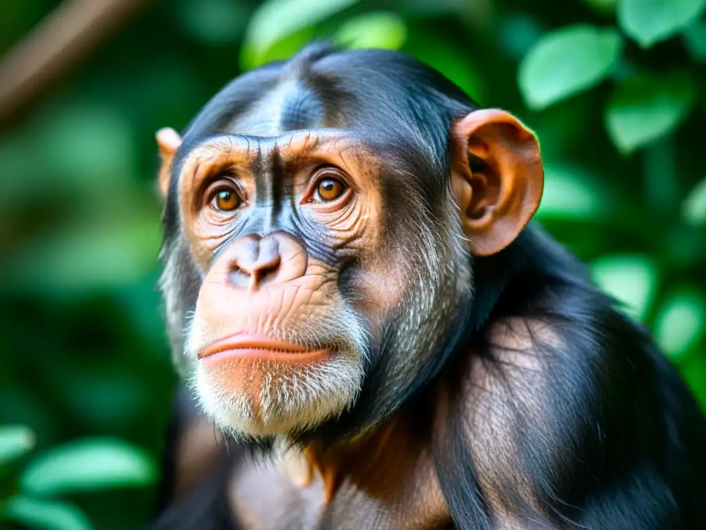Un chimpancé reflexiona filosóficamente sobre inteligencia animal, con mirada profunda y entorno natural exuberante