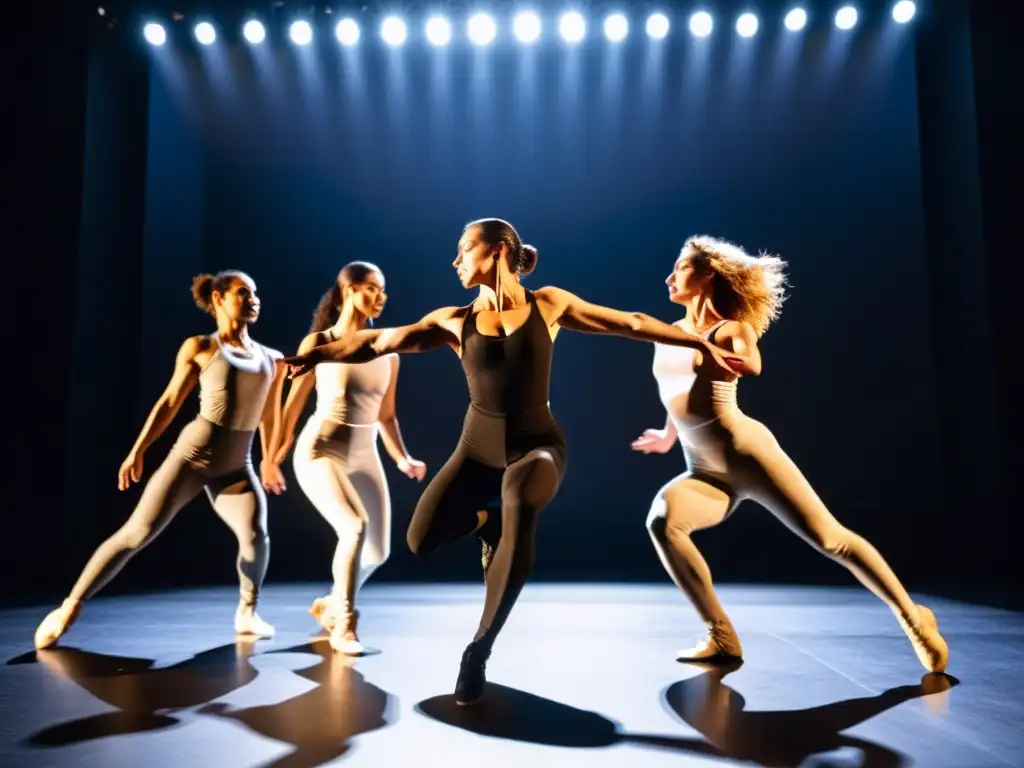 Intensa actuación de danza postmoderna rompiendo formas movimiento en teatro negro