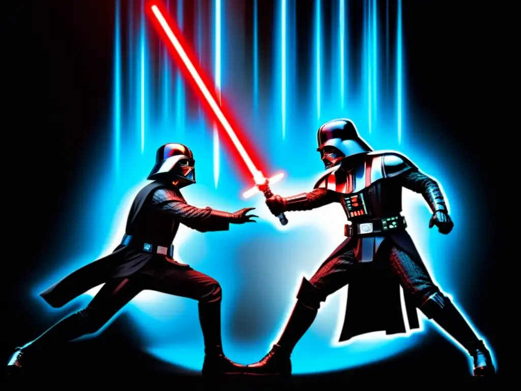 Intensa batalla de sables láser entre Darth Vader y Luke Skywalker, representando la dicotomía entre el bien y el mal en Star Wars