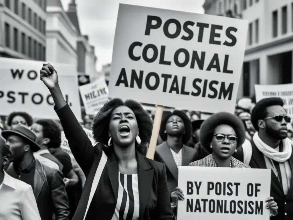 Manifestación intensa con consignas provocadoras sobre crítica postcolonialismo y nacionalismo filosofía