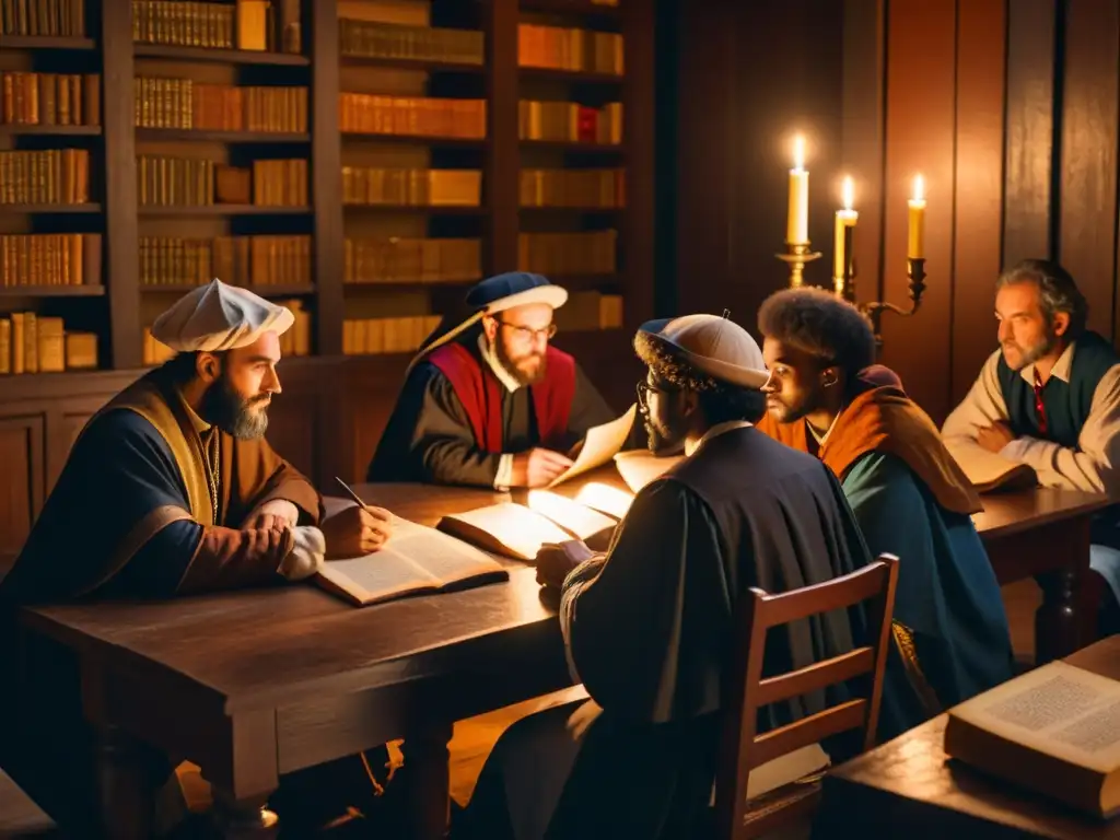 Intensa discusión de eruditos del Renacimiento en una habitación iluminada por velas, rebeldes contra la escolástica