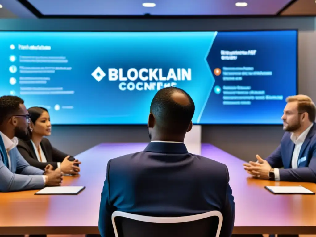 Intensa discusión ética sobre la tecnología Blockchain en una sala de conferencias bien iluminada