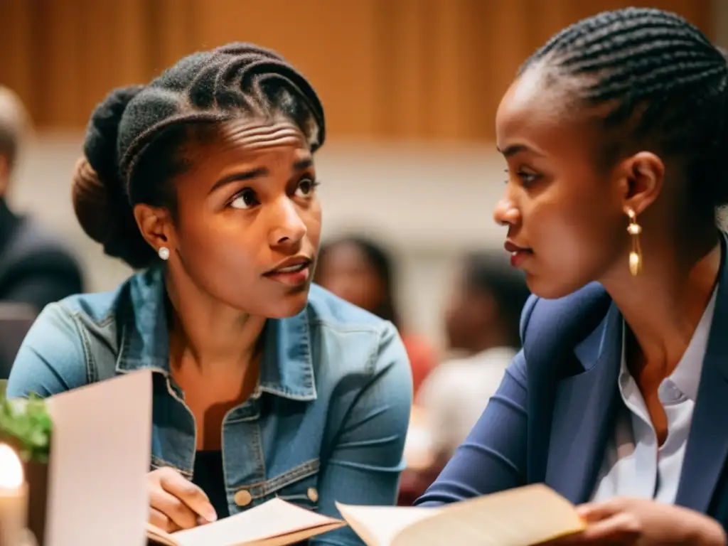 Intensa discusión en conferencia de teoría feminista Intenso debate en un encuentro entre Teoría Crítica y feminismo, con diversidad de participantes, expresiones apasionadas y ambiente cálido