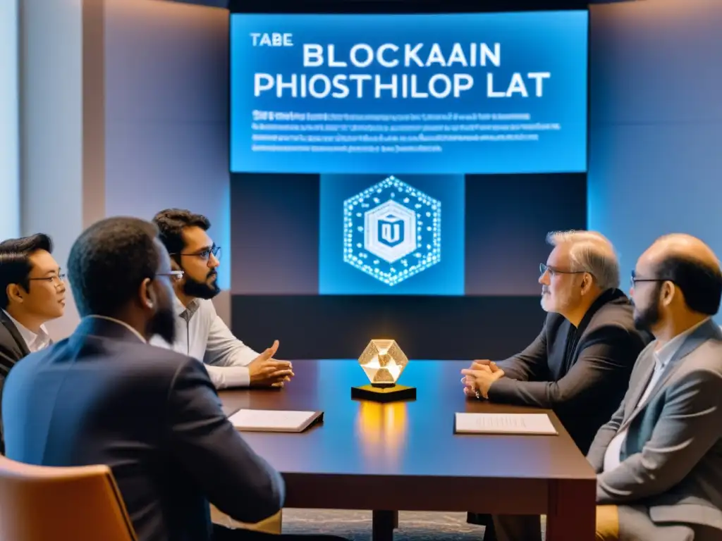 Un intenso debate filosófico alrededor de una mesa con proyección de blockchain, mientras expertos observan con interés