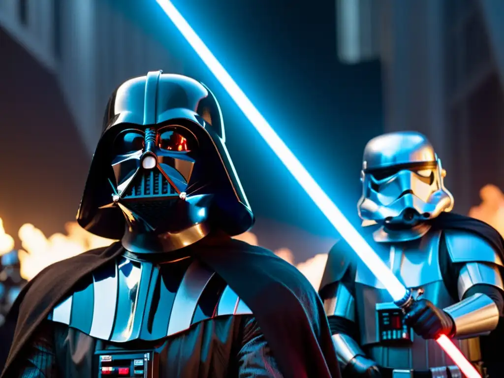 Intenso enfrentamiento entre Darth Vader y Luke Skywalker, reflejando la dicotomía entre el bien y el mal en Star Wars