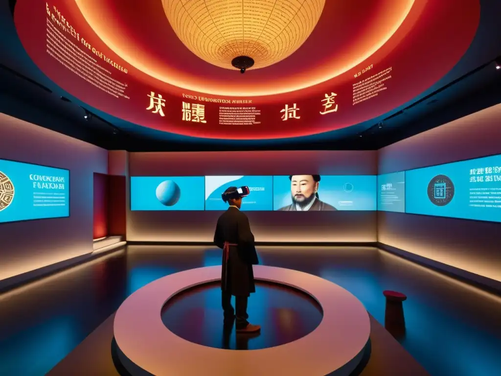 Exhibición interactiva de Confucio en museo futurista con juegos filosóficos sobre Confucio