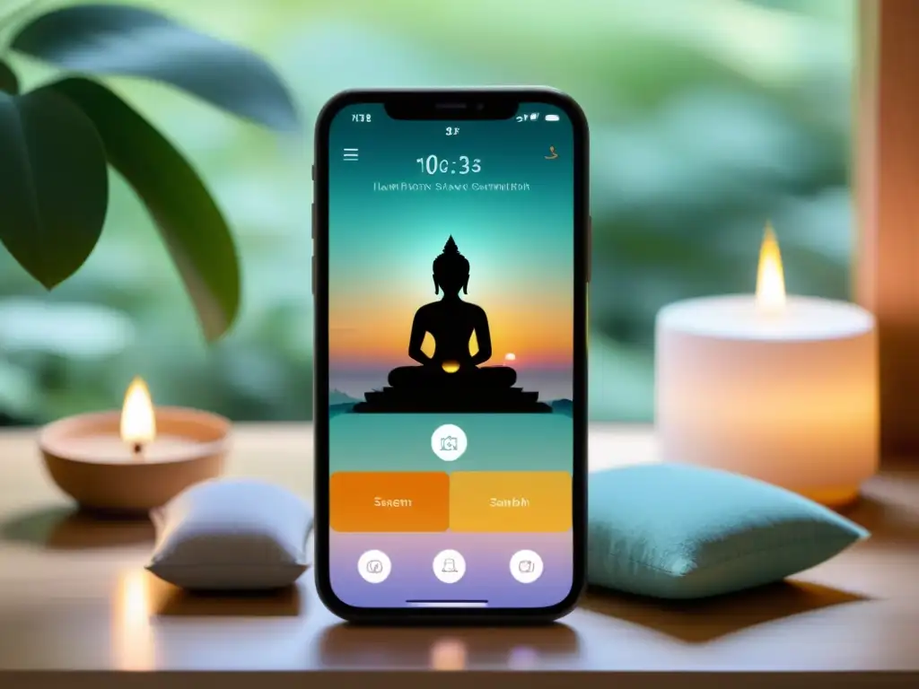 Interfaz de app de meditación con fondo natural y colores suaves