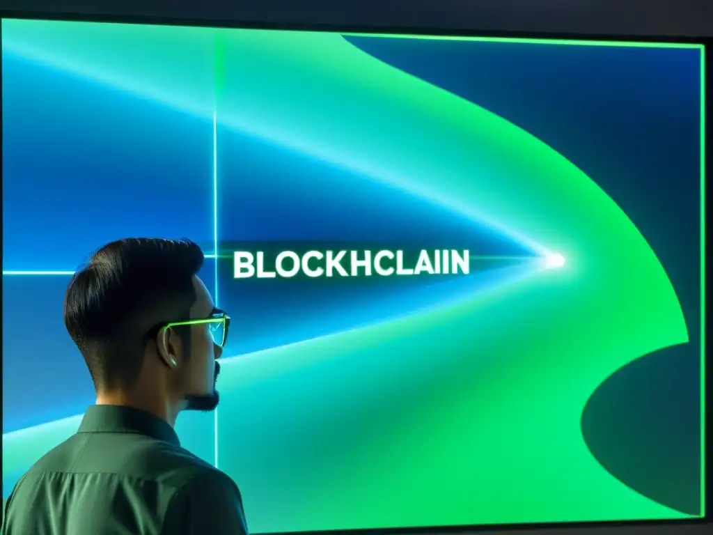 Interfaz blockchain transparente proyectada en pantalla digital, fusionando tecnología y filosofía