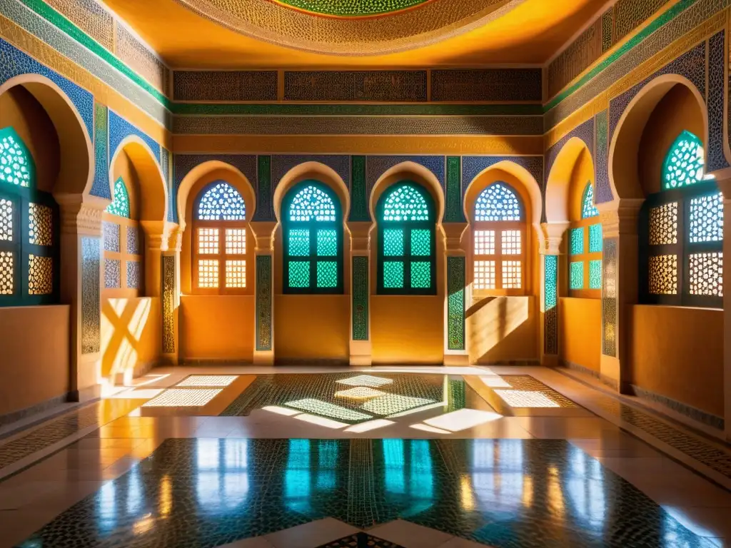 Interior de la escuela filosófica esotérica Magreb: intrincados patrones geométricos y mosaicos coloridos, con luz solar filtrándose por las ventanas