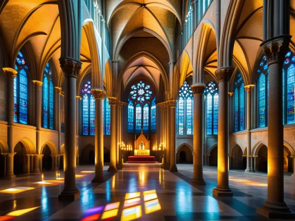 Interior impresionante de catedral medieval con vidrieras coloridas, columnas imponentes y luz de velas