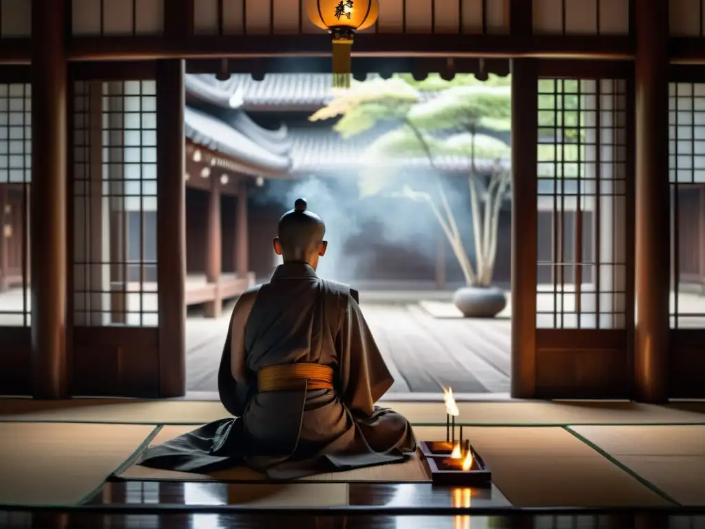Interior sereno de una Escuela de Budismo Zen misteriosa, con monjes meditando en silencio y una suave luz etérea