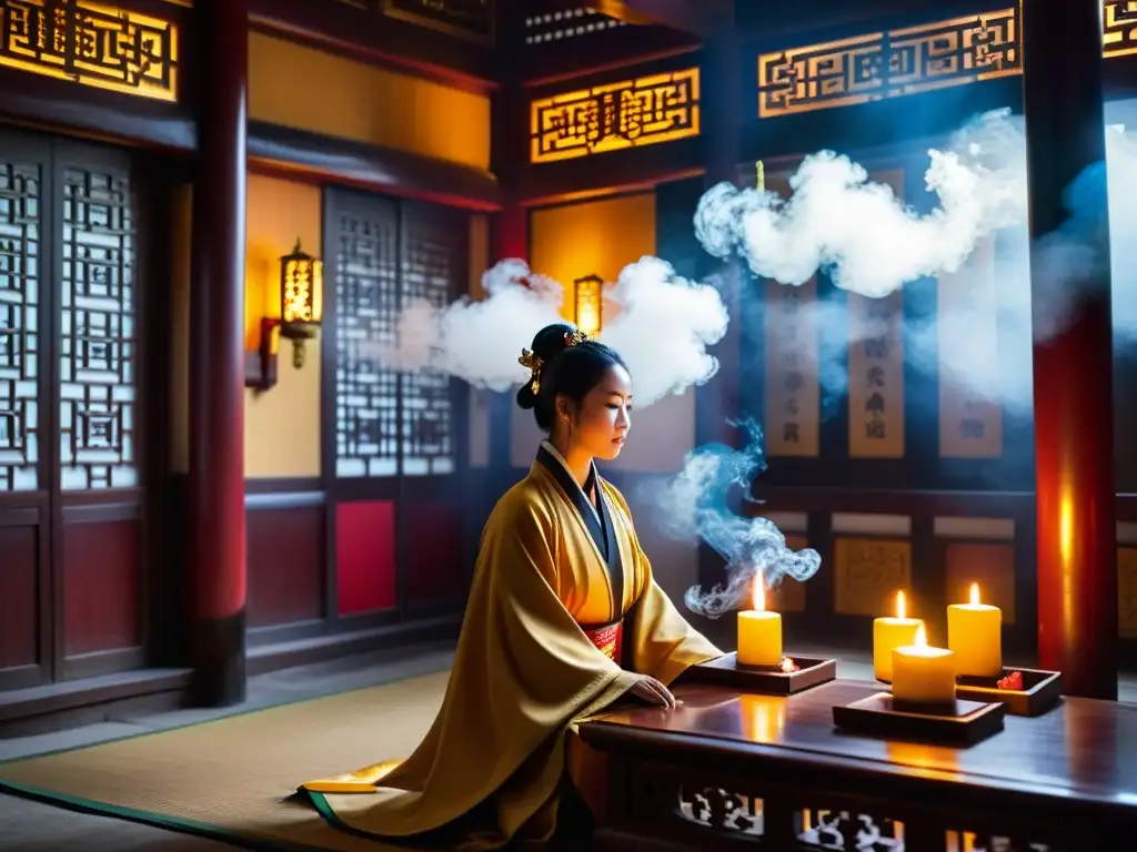 Interior sereno de templo taoísta iluminado por velas, con detalles dorados y practicante en meditación