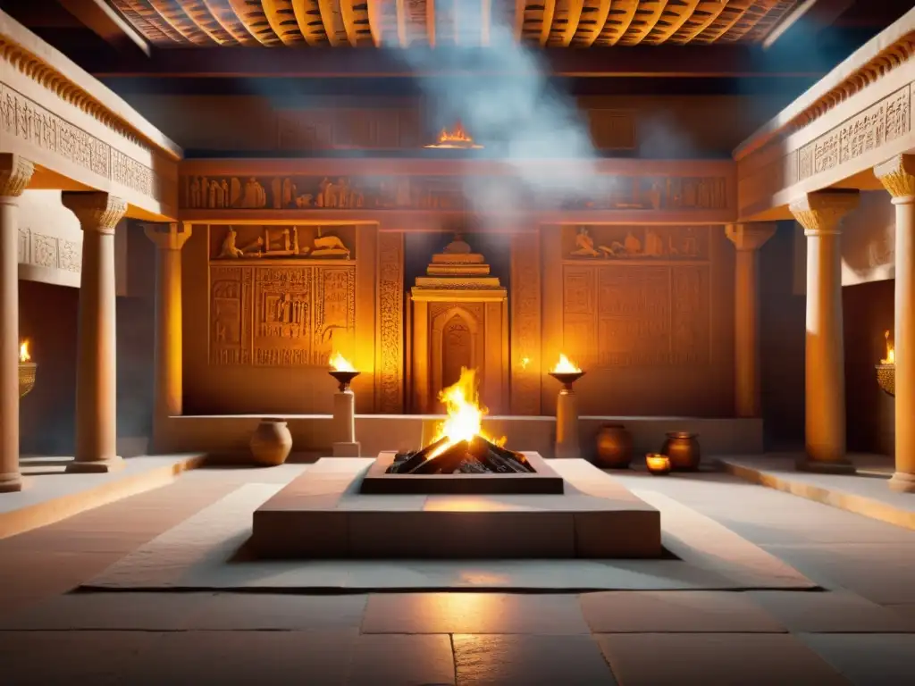 Interior de templo del fuego Zoroastriano con adoradores en ritual