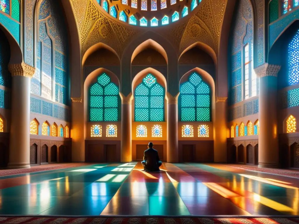 Interiores de mezquita, con patrones geométricos vibrantes y luz divina