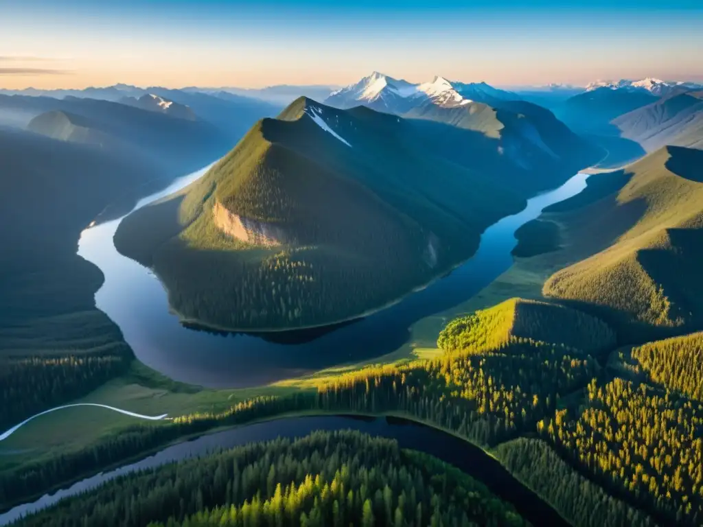 Una interpretación onírica en Siberia: paisaje vasto con montañas nevadas, bosques de pinos y un río serpenteante bajo la cálida luz del atardecer