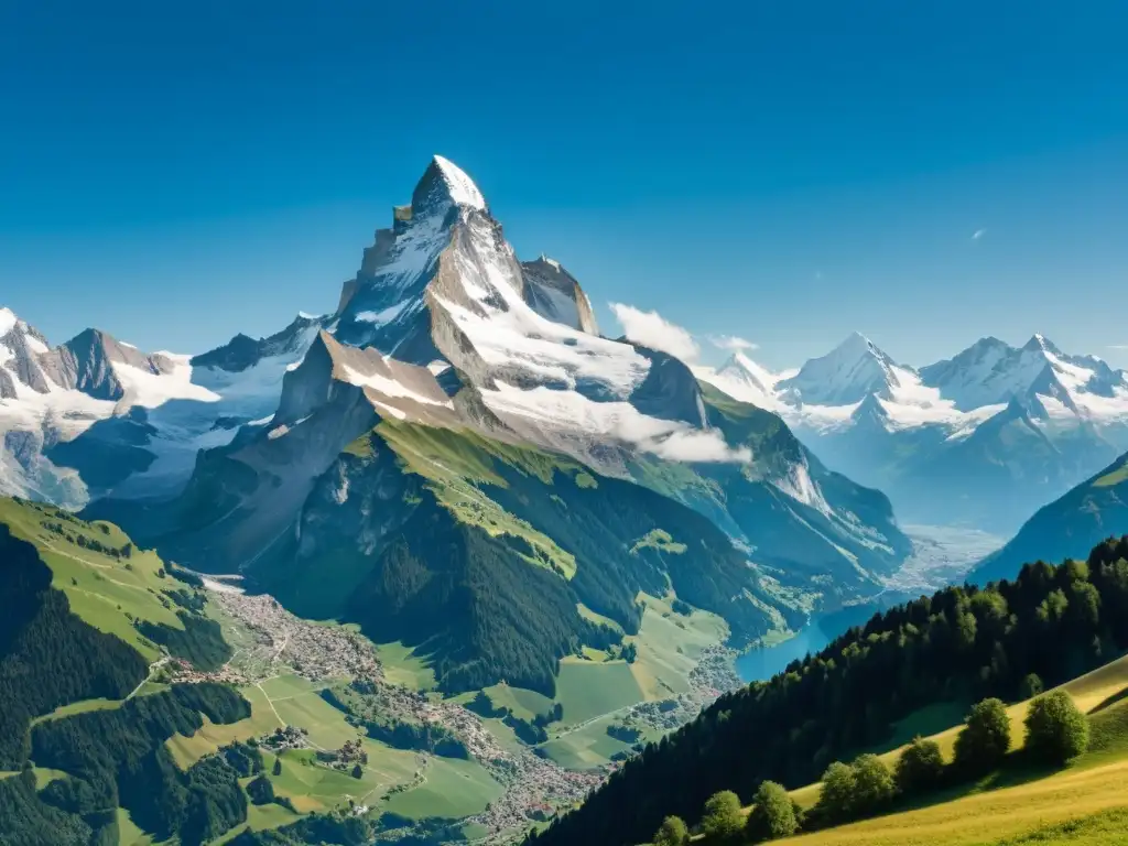 Interpretaciones modernas del paisaje alpino, inspirado en 'Así habló Zaratustra' de Nietzsche, con picos nevados y un cielo azul imponente
