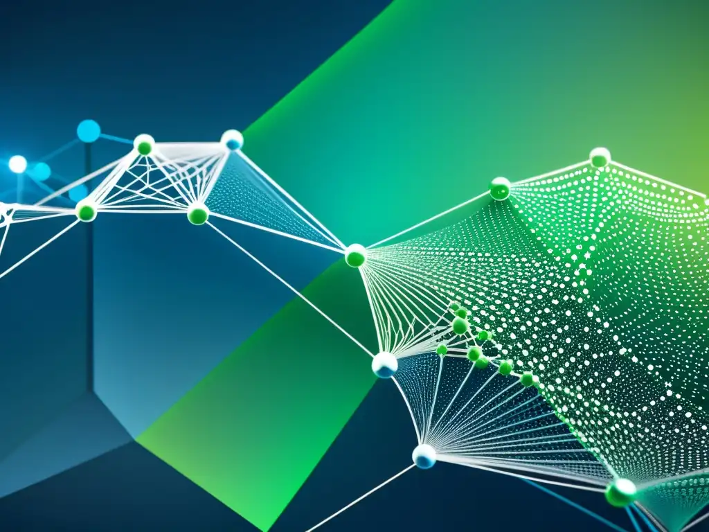 Una intrincada red de nodos y datos que simboliza la era digital del Nietzsche Eterno Retorno, con tonos azules y verdes futuristas