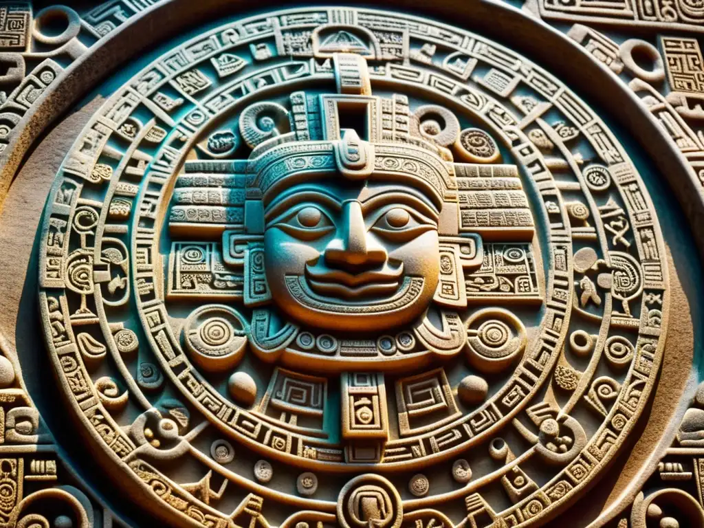 Una fotografía de alta resolución de las intrincadas tallas y glifos en una piedra calendario maya, iluminada por suave luz natural