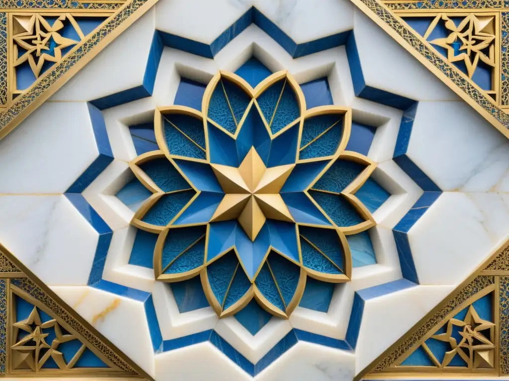 Intrincado patrón geométrico islámico en mármol, con tonos azules y dorados