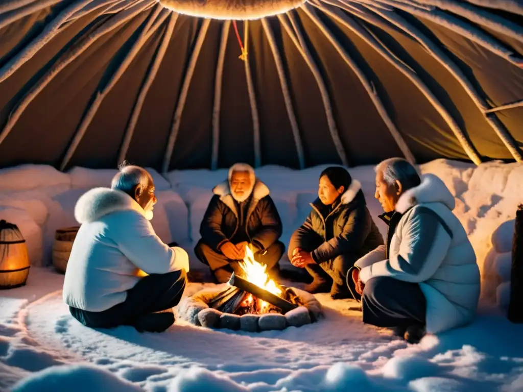 Inuit elders realizando un ritual en un iglú iluminado por la aurora boreal