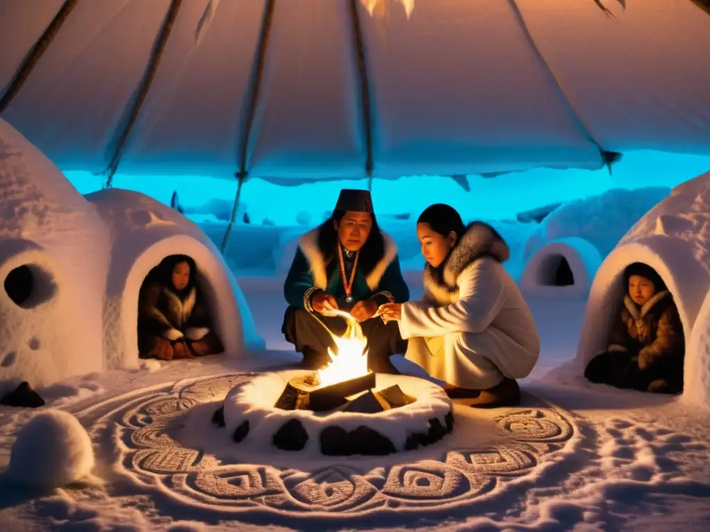 Shamán inuit realizando un ritual sagrado en iglú, rodeado de totems tallados y pieles de animales